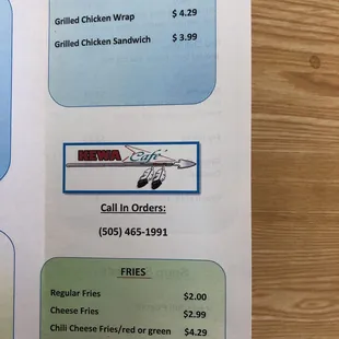 the menu for the restaurant