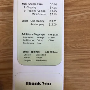 a menu for a pizza
