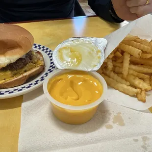 Double Cheeseburger, fries and a side of cheese