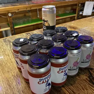 a stack of cans on a table