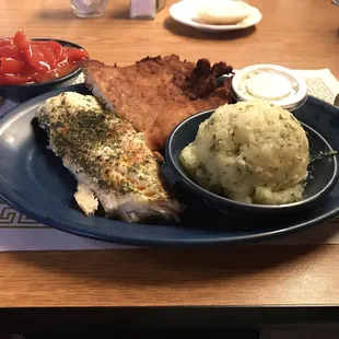 Deep Fried, Baked, Mashed Potatoes, Stewed Tomatoes.