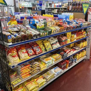 shelves of liquor and snacks