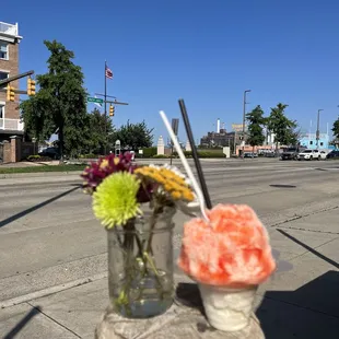 Razberry shave ice with vanilla ice cream and sweetened condensed milk, OMG.