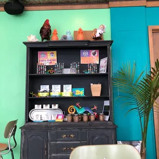 a table and a bookcase