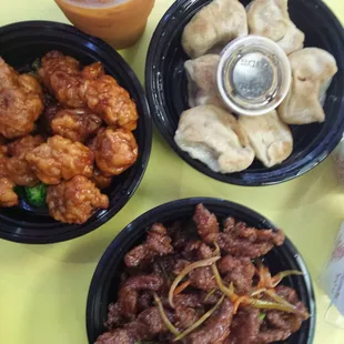 Crispy beef, General tso, fried dumplings, Thai ice tea.   Mmmmmmmmm