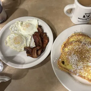 2 Eggs and 2 Cinnamon French Toast with bacon.