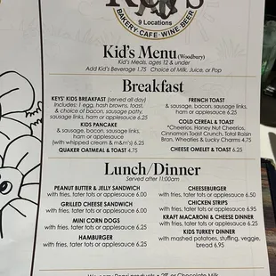 menu for kids's meal