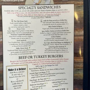 menu for specialty sandwiches