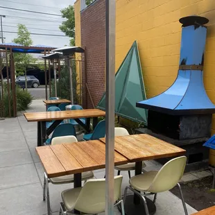 Outside patio with fireplaces.