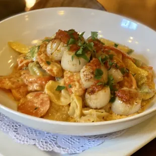 Seared Sea Scallops over tri colored tortellini