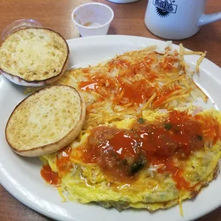 3 meat-HamBaconSausage &amp; English Muffins and my improvements Salas &amp; Hot Sauce