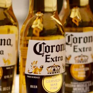 a group of corona extra beer bottles