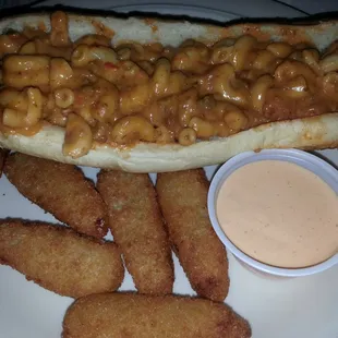 Cincinnati dog with chili mac n cheese.