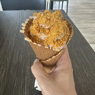 Vanilla on waffle cone w acai berry and hokey pokey (honey with toasted coconut!!!)