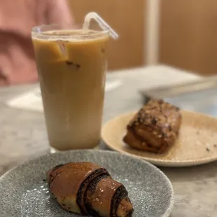 Yemenite iced latte, chocolate rugelach, potato boreka