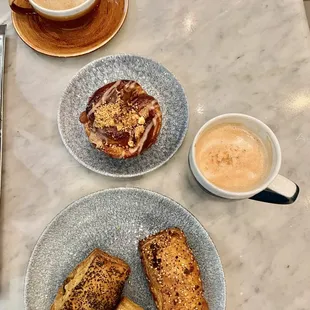 Borekasim trio, caramel apple babka, Yemenite latte (front), Sachlav (back)