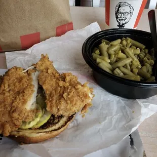 Chicken sandwich and large green beans