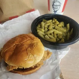 Chicken sandwich and green beans
