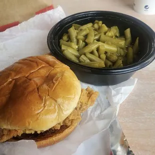 Chicken sandwich and green beans