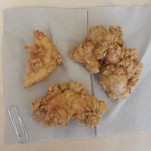 I order 3 piece chicken tenders and received these. Two of which, combined, would hardly count as one! They were almost all breading too.