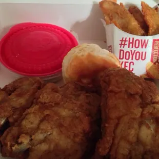 Tastes great but small portions for price. $7.59 for this 3 piece meal plus drink and gravy = $11.00! Too much.