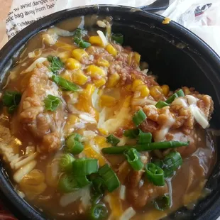 Loaded potato bowl... like the famous bowl but w bacon and cheese sauce.  Yummo!