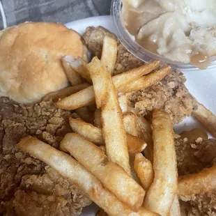 4 piece chicken, Secret Recipe Fries, 2 Biscuits, Mashed Potatoes &amp; Gravy