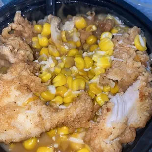 Whole Chicken tender mashed into a bowl half cut these are not chicken bites.