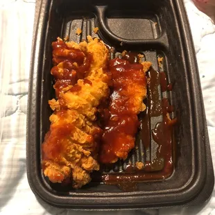 The crispy honey bbq tenders were very poorly prepared.