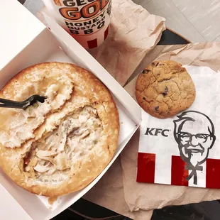 $5 fill up chicken pot pie, cookie, and medium drink