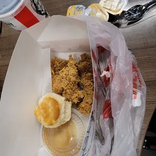 Tiny little strips of chicken!! Only slightly warm.