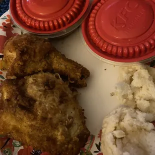 2 pieces chicken should of been 3 coleslaw,  mashed potatoes,  bisquit No butter or utensil came with it