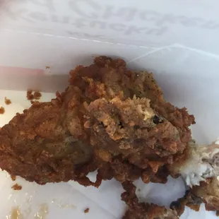 Nasty old chicken they gave me yesterday, the leg they gave me was missing half the meat on it