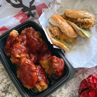 Kentucky fried wings (honey BBQ) / $9.99 for 12, Spicy chicken sandwich / $3.99 + Classic chicken sandwich / $3.99