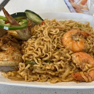 Suya wings with shrimp noodles