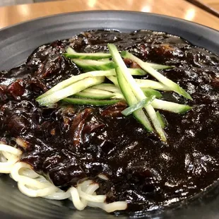 Jjangmyeon, black bean noodles.