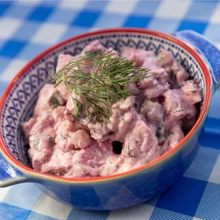 Pink Potato Salad with fresh dill on top!