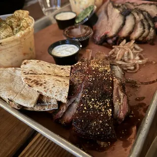 lamb bacon ribs, Egyptian Mac &amp; Cheese, brisket, Side Of Pita