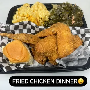 Fried chicken Diner with Greens, Mac N Cheese and Corn Bread