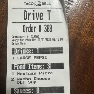 Taco Bell Hazel Park receipt