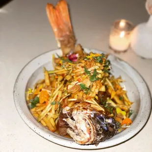 Mango Fish - Whole fried red snapper, mango tamarind slaw (10/10)
