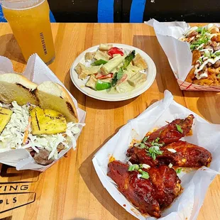 Hawaiian melt, green curry bowl with tofu, drunken fries, gochujang bbq wings (at 56 Brewing)