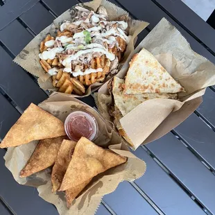 Cream cheese wontons, pork quesadilla, and drunken fries