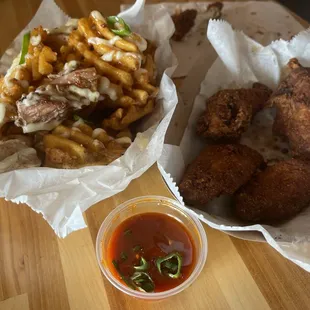 Drunken Fries &amp; Dry rub wings with a side of gochujang!
