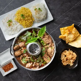 Sharing set for 2 people. The set comes with Khamdee- More -Fire(Everything hotpot), crispy wontons, and three kinds of noodles: rice noodle
