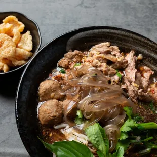 Boat Noodle soup with sweet potato noodles 
The special of boat noodle soup with sweet potato noodles. Comes with the choice of beef o