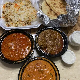 chicken biryani rice &amp; naan bread, chicken tiki masala &amp; goat karahi, paneer masala