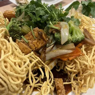 Pan fried egg noodle with vegetables and tofu