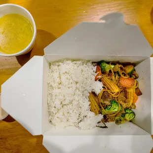 a meal in a take out box