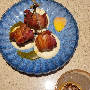 Bacon covered scallops (and tamarind tara-ok, but not a strong tamarind taste)